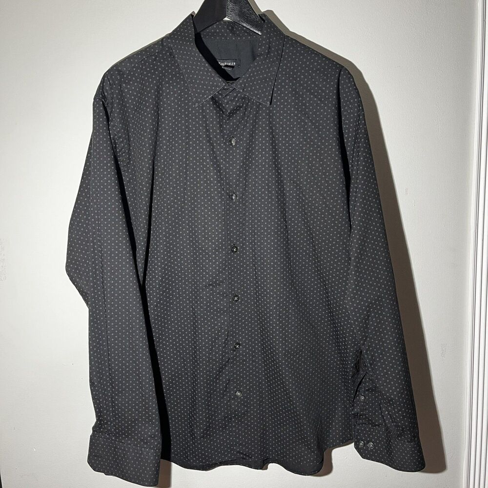 Van Heusen Shirt Mens 17-17.5 Button down Regular Fit Black Polka dot